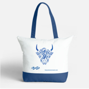 Cotton Tote Bag with Highland Cow and logo on the front. white with a blue bottom and blue handles